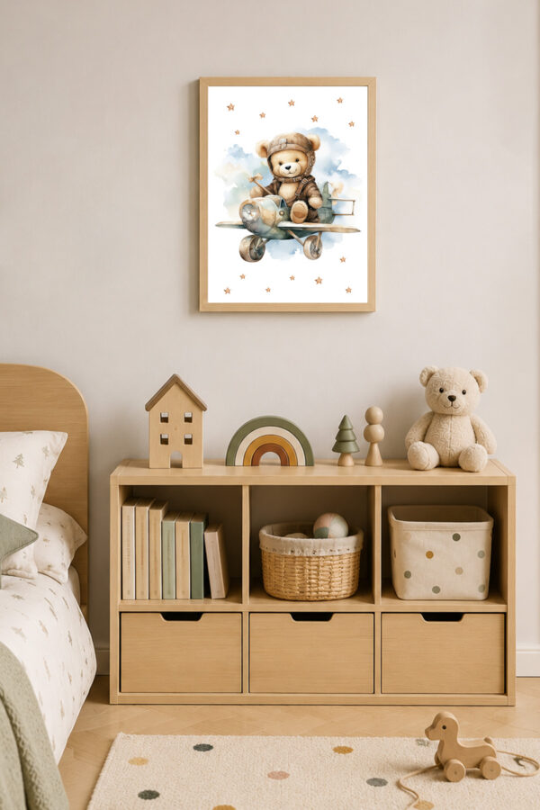 Uçaklı Ayıcık Çerçeveli Çocuk Odası Posteri
