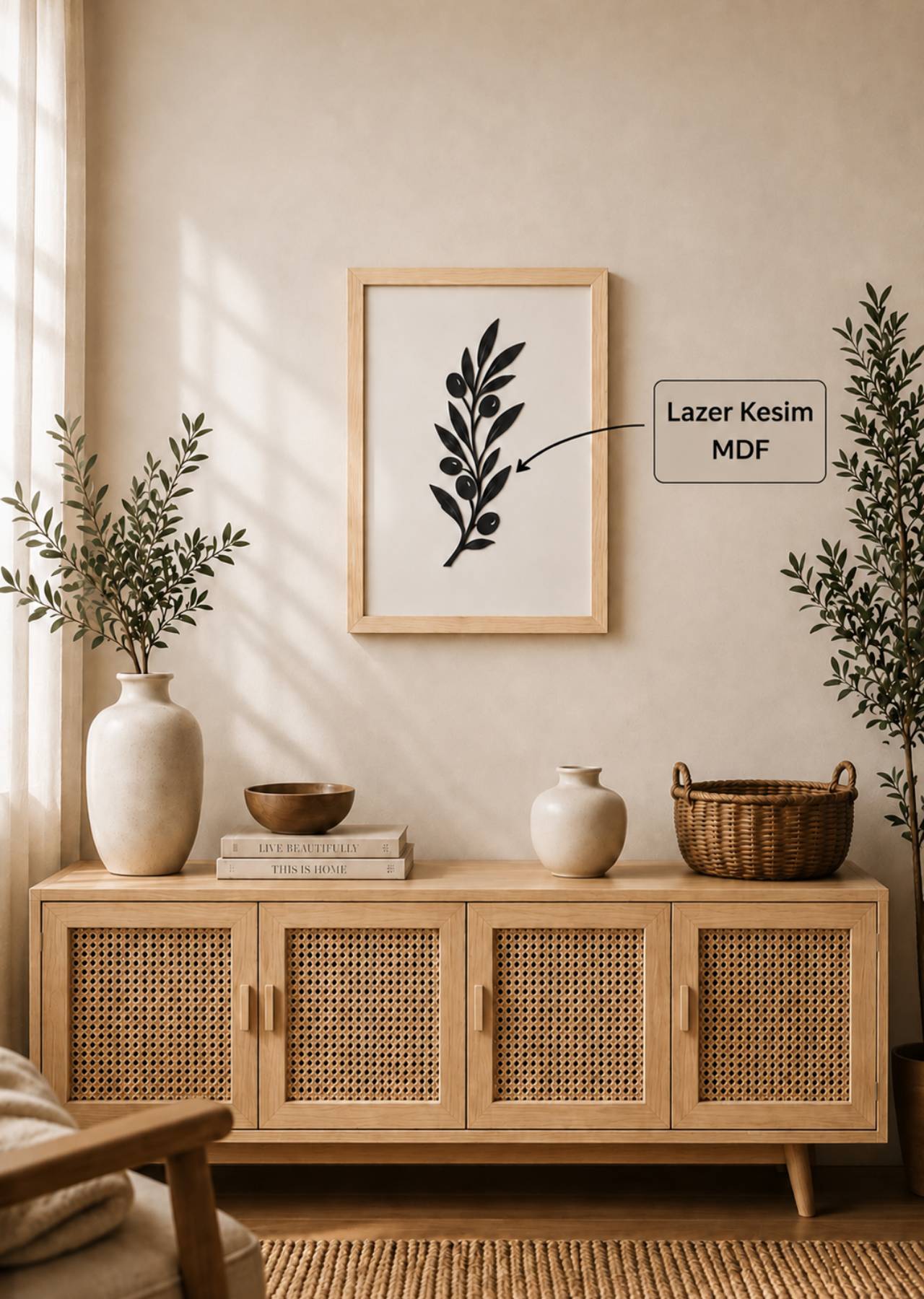 Zeytin Dalı Motifli Siyah MDF Çerçeveli Duvar Dekoru